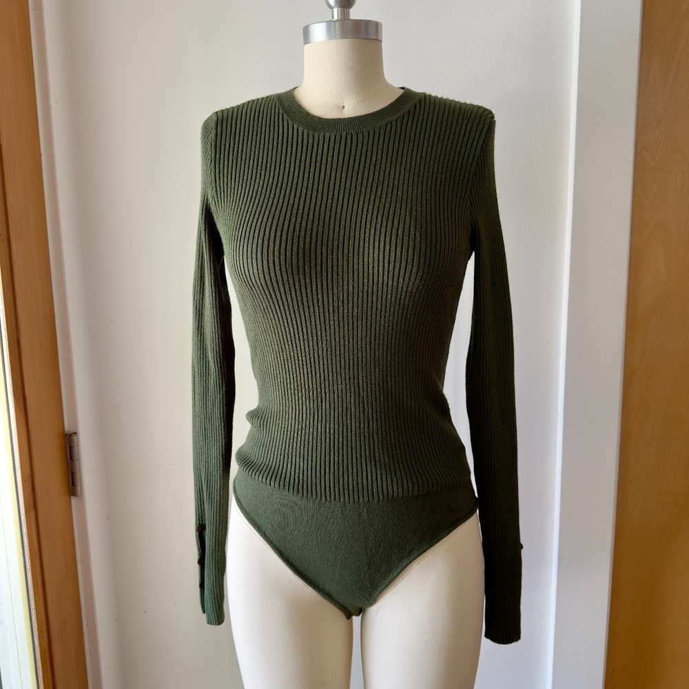 Scoop NYC Ribbed Knit Long Sleeve Slim Bodysuit-Crewneck-Olive Green-Sz L 12-14